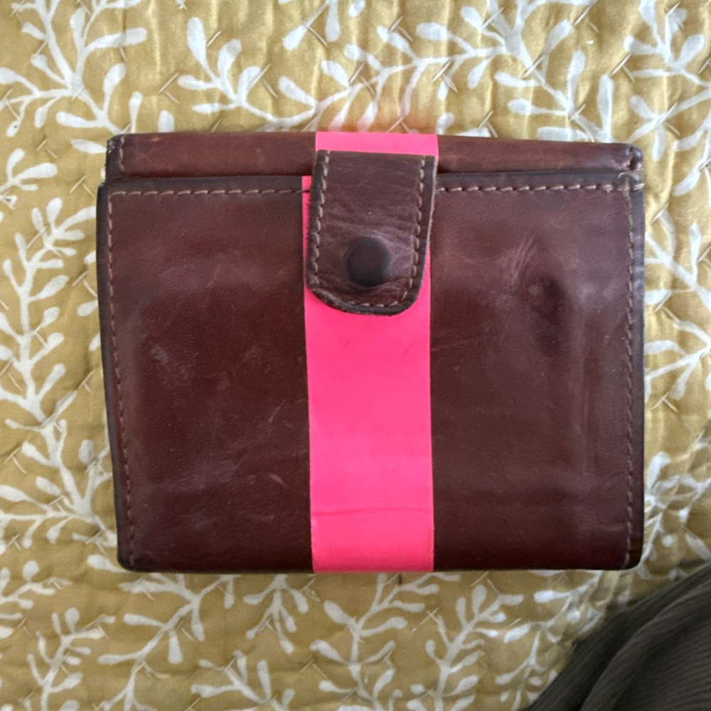 Clare V Natural Brown Leather Wallet with Neon Pink Stripe Accent